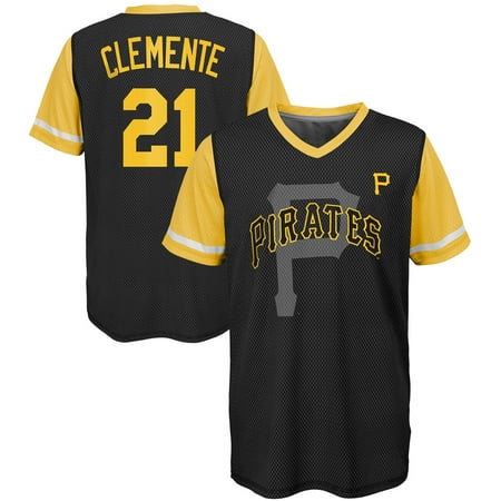 - Roberto Clemente Pittsburgh Pirates Majestic Youth Cooperstown Collection Play Hard Player V-Neck Jersey T-Shirt - Black/Gold