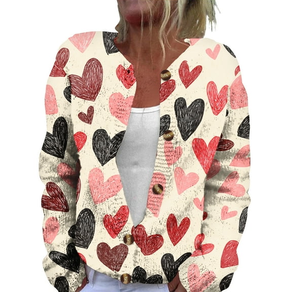Fgvctg Cardigan Sweaters for Women Valentine's Day Love Heart Graphic Sweater Long Sleeve Casual Coats Open Front Button Down Cardigan Aesthetic Clothing Spring Sweaters Red XL