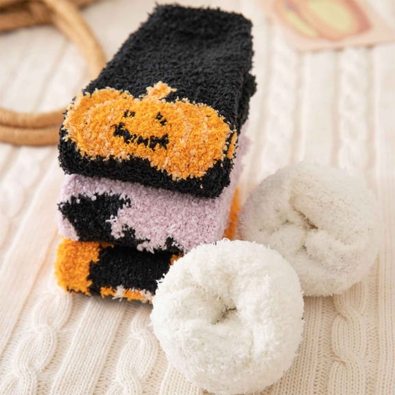 Monebena 5 Pairs Halloween Socks Womens Fuzzy Fluffy Cozy Warm Super Soft Slipper Socks Microfiber Home Socks For Christmas M01