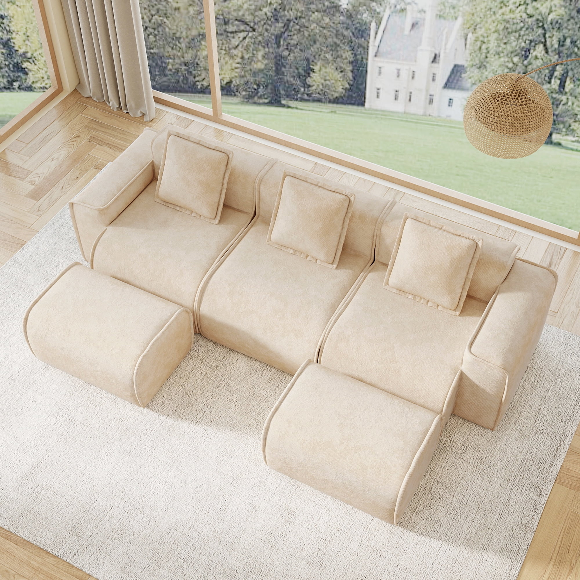 109" 3-Seat Modular U-Shaped Sectional Sofa, Light Camel Velvet with 2 Movable Ottomans & Throw Pillows, No Assembly Required