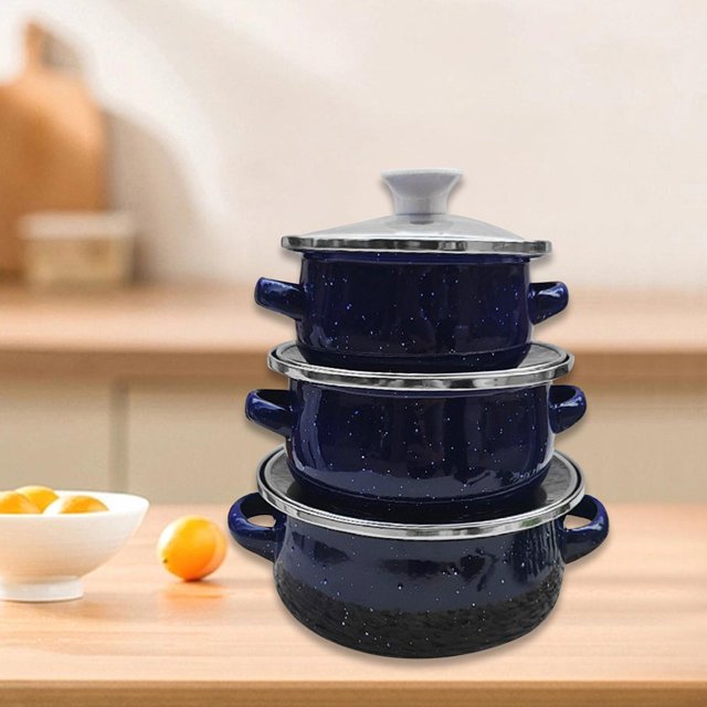 HLONK 3 Pieces Enamel Mini Pot Set Kitchen Food Pot Home Accessories Deep Gifts Kitchen Cookware Enamel Cookware Set Home black