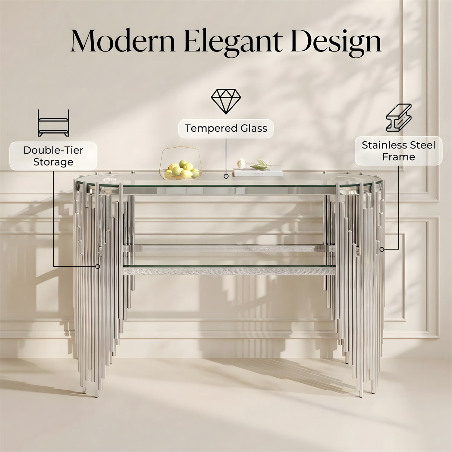 Hommoo Modern Oval Console Table with 2-Tier Tempered Glass Shelves, Stainless Steel Entryway Table for Hallway, Living Room & Behind Sofa, Sliver