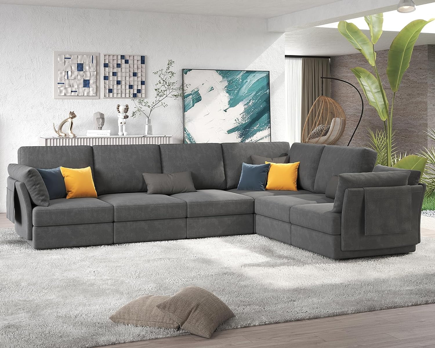 Amerlife 131 Inches Modular Sectional Sofa, Oversized Sectional Sofa with  Storage, Ottomans,6 Seats L Shaped Couch with Chaise- Chenille Gray 