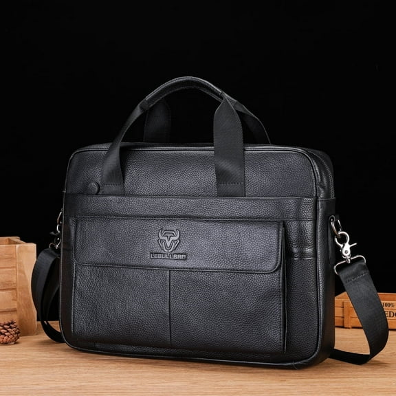 LEBULLBRO Mens Genuine Leather Briefcase Shoulder Messenger Bags Work Laptop Business Bag Black