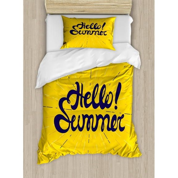 Hello Summer Duvet Cover Set Twin Size, Pattern of Typographic Funky Calligraphy Excitement Fun Holiday Season, Decorative 2 Piece Bedding Set with 1 Pillow Sham, Mustard and Indigo, by Ambesonne