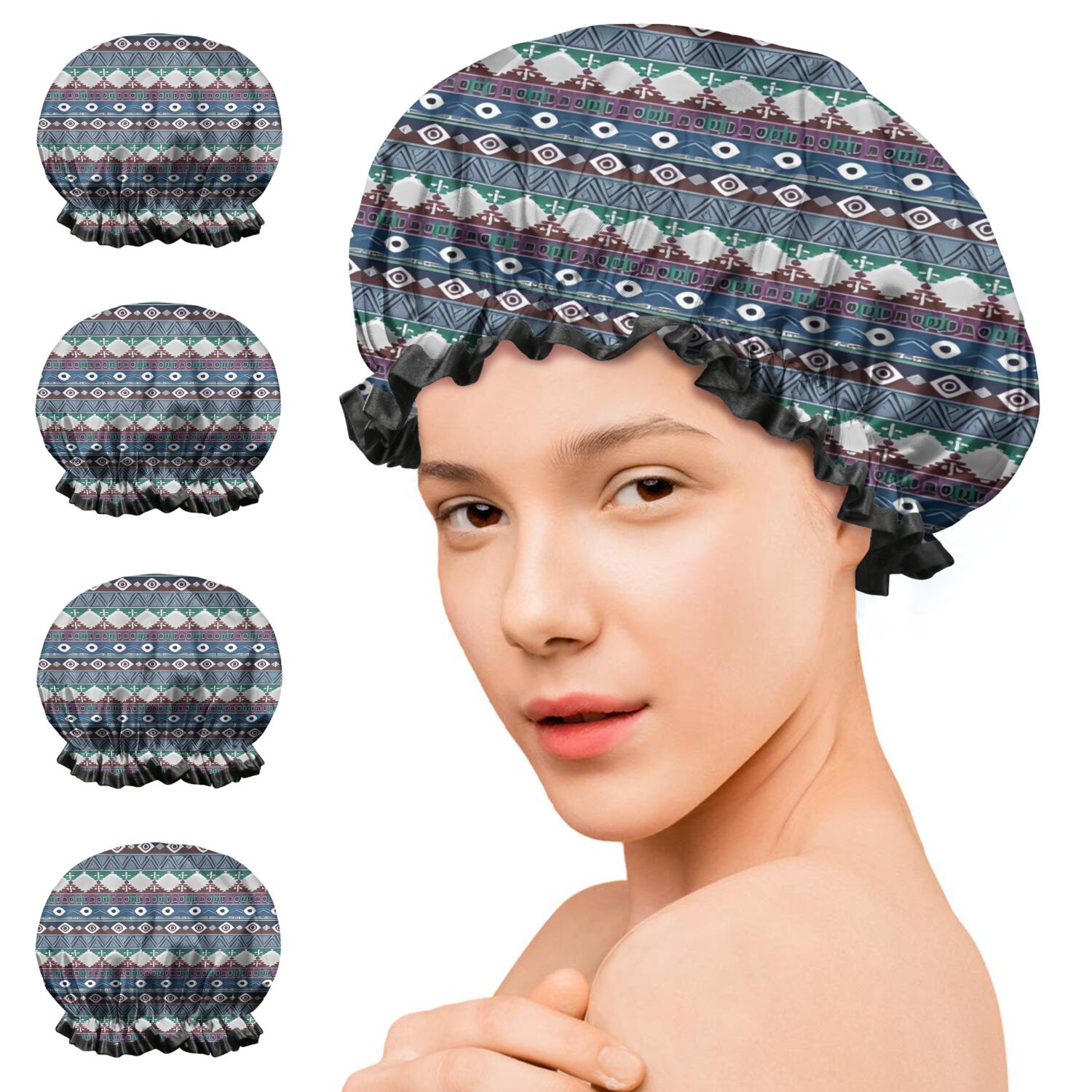 Shower Caps,Multicolor Geometric Boho Pattern Waterproof Shower Cap for Women 4 Pieces,Double Reusable Hair Cover for Shower PEVA Elastic Stretch Hem