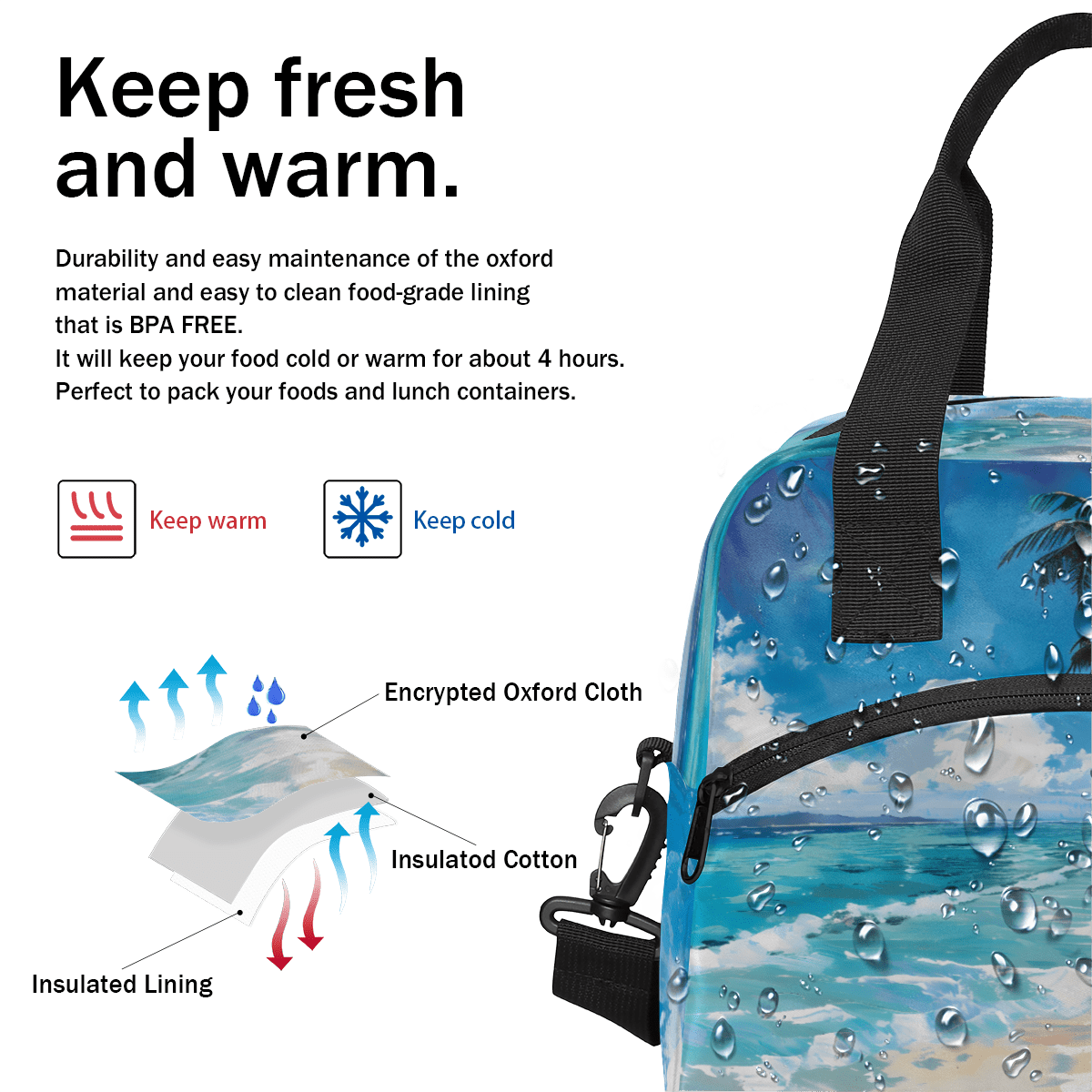 Herdesigns Tropical Beach Hawaiian Palm Trees Insulated Lunch Bag for Women Men Adults Large Reusable Lunch Box Leakproof Portable Cooler Tote Bags with Adjustable Shoulder Strap