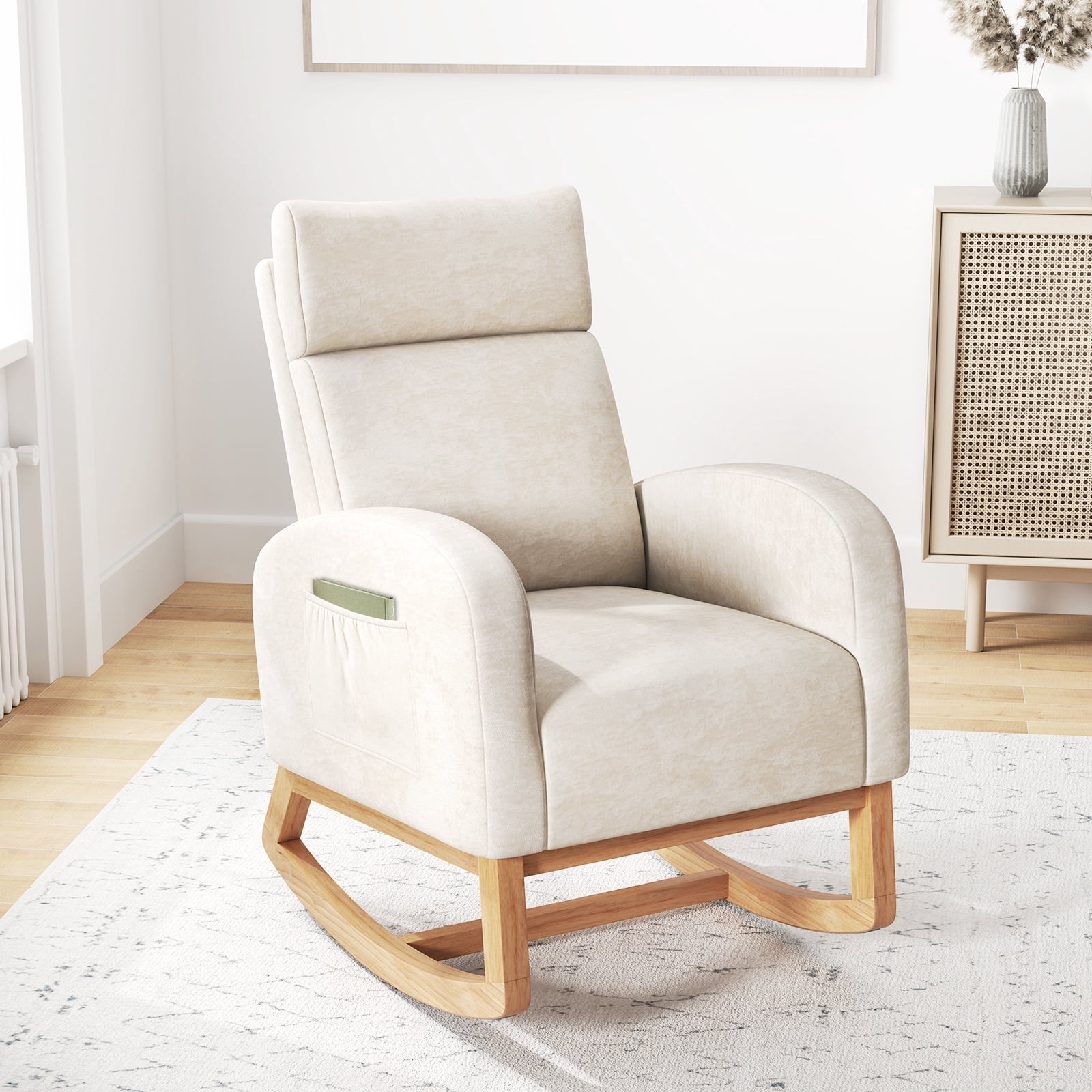 Gymax 2PCS Nursery Rocking Chair Upholstered Chenille Rocker Armchair w/ Side Pocket