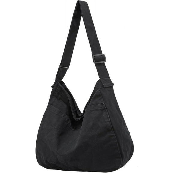 Lohol Canvas Tote Bag, Casual Hobo Crossbody Shoulder Bag for Women and Men, Large Purse for Travel and Work-Black
