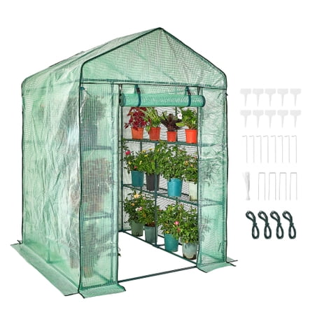 YINYUN Walk-in Green House, 4.6 x 4.6 x 6.6 ft , Greengro Greenhouse with Shelves, High Strength PE Cover with Zipper Door and Steel Frame, Planting and Storage