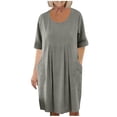 thumbnail image 4 of Linen Dress Women Crew Neck Short Sleeve Tunic Boho Midi Dress Casual Summer Pleated Flowy Beach Vacation Knee Length Dresses with Pockets Jean Dress for Women Gray XXL, 4 of 8