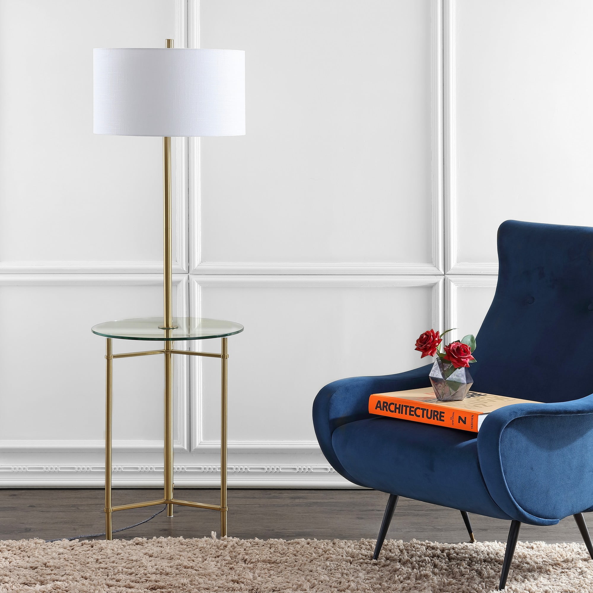 JONATHAN Y Charles 59" Metal/Glass LED Side Table and Floor Lamp, Brass