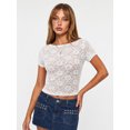 thumbnail image 4 of LMLYSoH Women's Slim Floral Jacquard T-Shirt See-Through Mesh Boat Neck Short Sleeve Crop Tops, 4 of 7