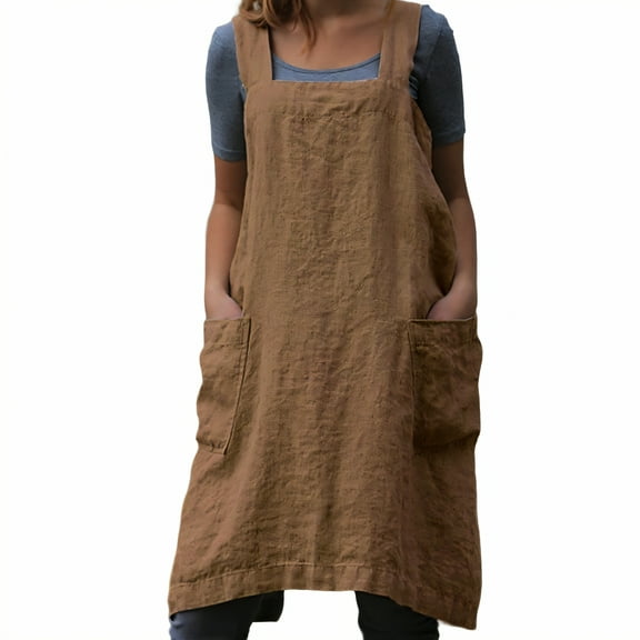 AUQ Aprons for Women with Pockets,Form-Stable Gardening Apron,Cotton-Linen Composition Apron with Pockets,Brown,2Xl