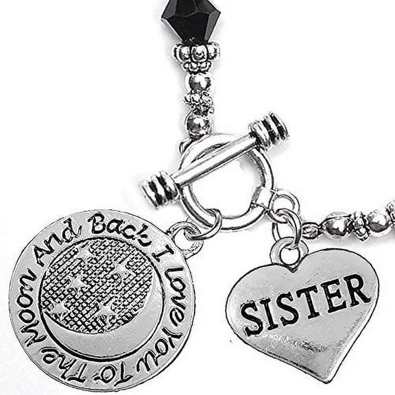Sister, I Love You To The Moon And Back Jet Crystal Charm Bracelet, Hypoallergenic, Safe, Nickel, Lead, & Cadmium Free.