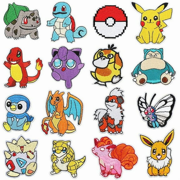Pikachu Embroidery Applique, Bulbasaur Iron on Patches 16 Pcs Squirtle Decorative Patches Beautiful Sew on Floral Stickers for Backpacks Clothing T-Shirt Jacket Jeans Hat