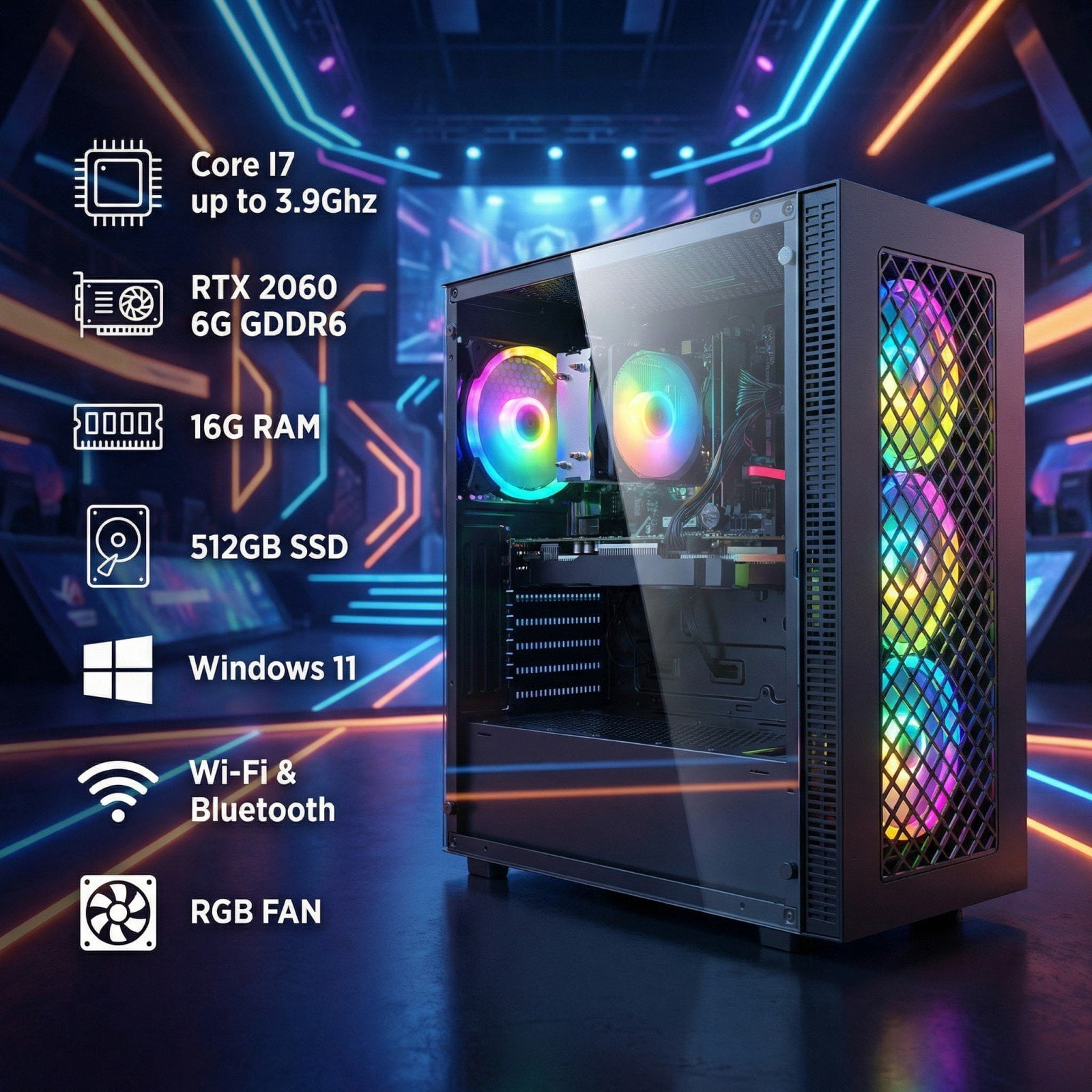 STGAubron Gaming PC Desktop, Intel Core I7, RTX 2060 6G, 16GB RAM, 512GB SSD, WiFi 6, BT 5.0, RGB Fan x 4, Windows 11