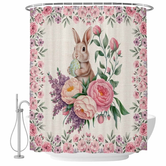 Easter Bunny Roses Shower Curtain, Waterproof Shower Curtains for Bathroom, Pink Floral Spring Linen Washable Fabric Bathtub Curtain Set Bath Decor with 12 Hooks 48"x72"