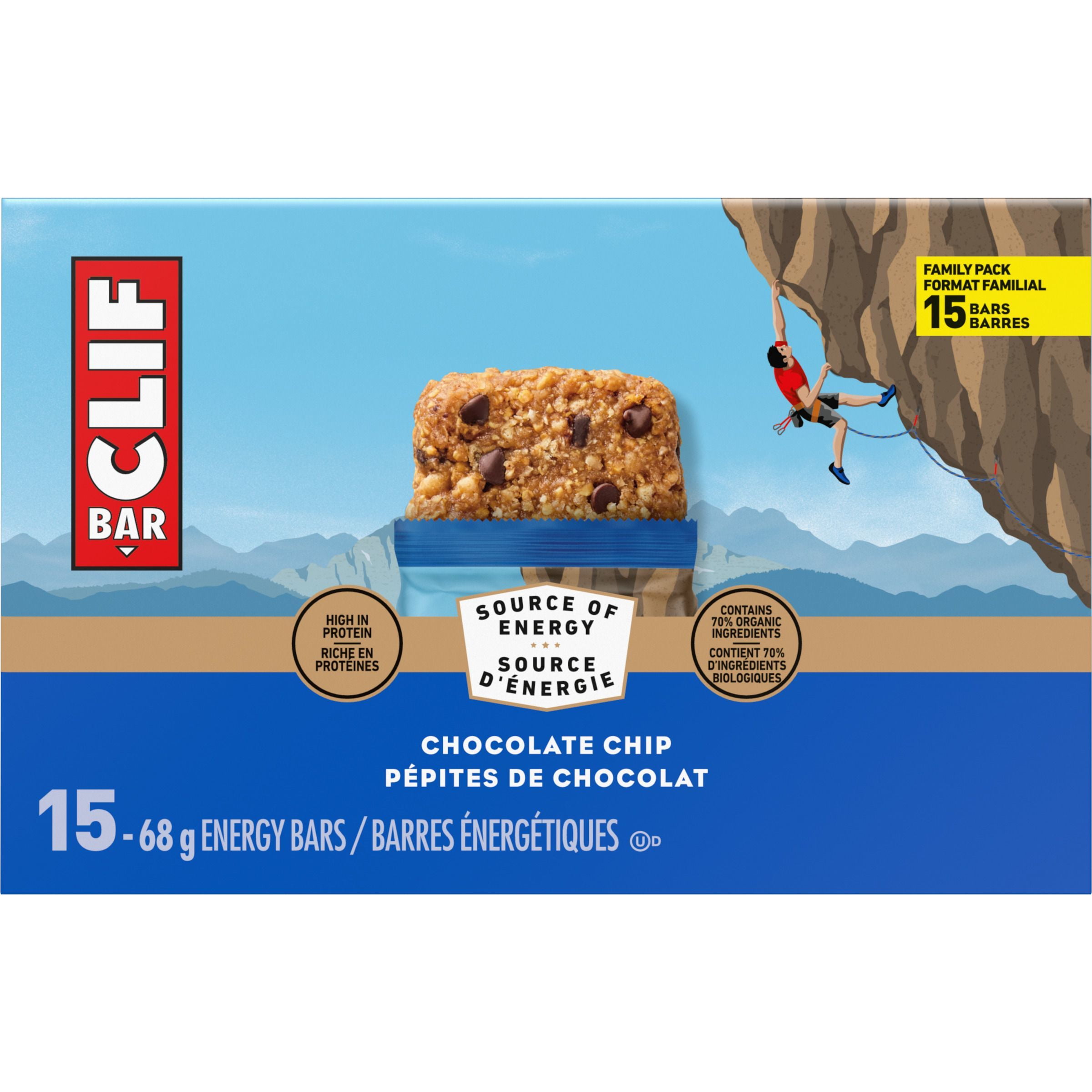 CLIF BAR Energy Bars, Chocolate Chip, Granola Bar, High in Protein, Contains 70% Organic Ingredients, (Pack of 15), 1.02 kg