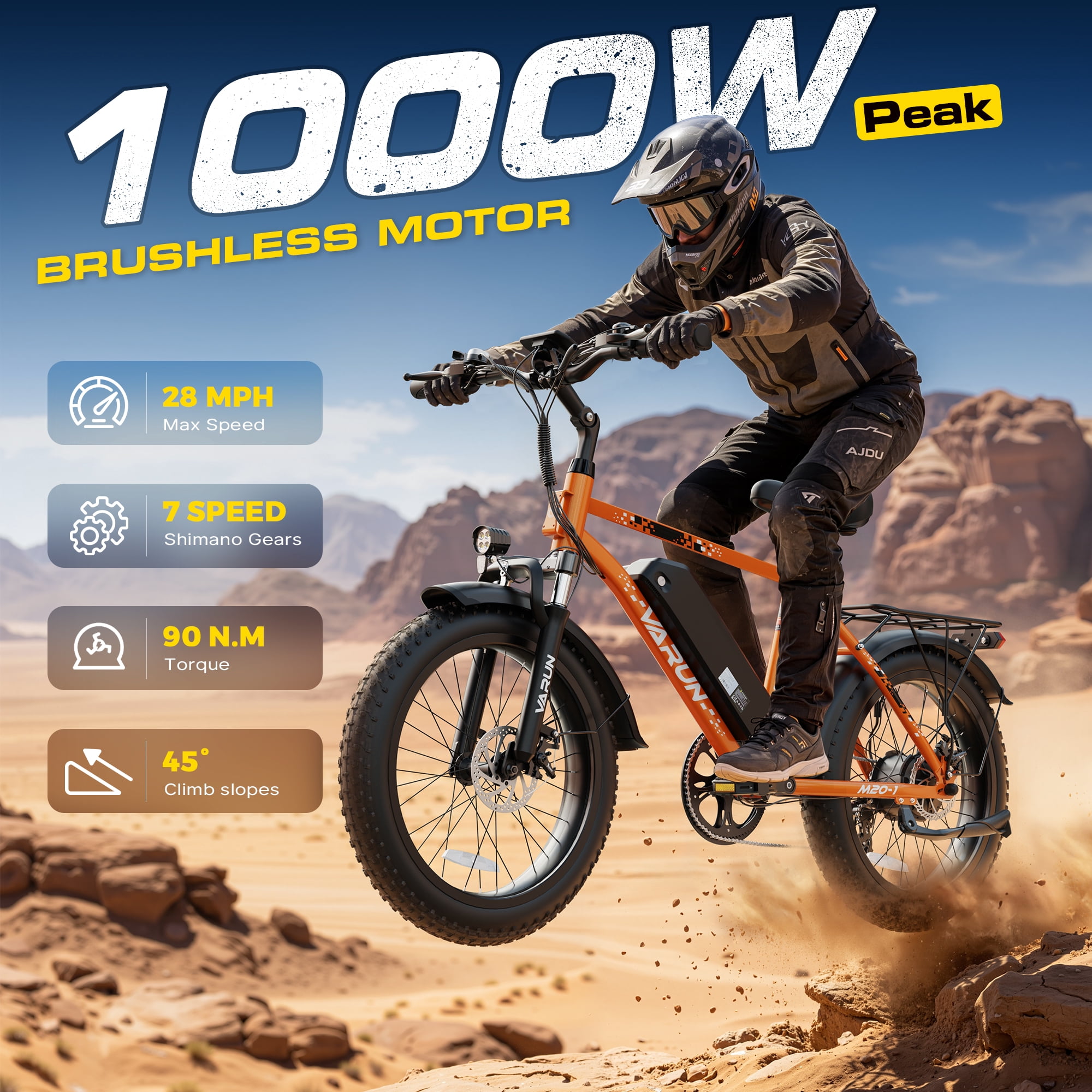 VARUN Electric Bike, 20" Fat Tire EBike for Adults with Peak 750W 48V 624Wh Removable Battery, Electric Mountain Bike for Men & Women with Top 20MPH 60Miles,7 Speed, Rear Rack, UL2849
