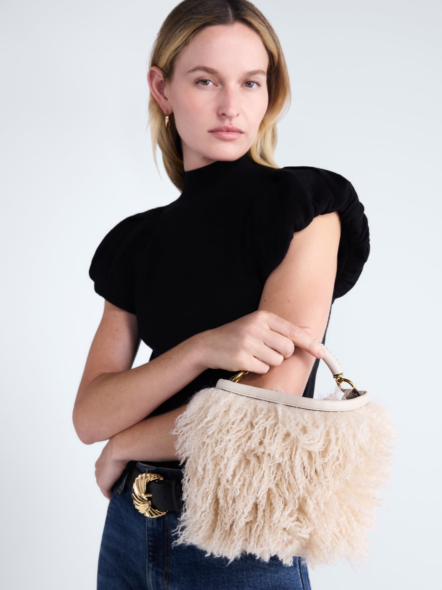 Scoop Women's Chain Top Handle Mini Faux Fur Bag, Beige