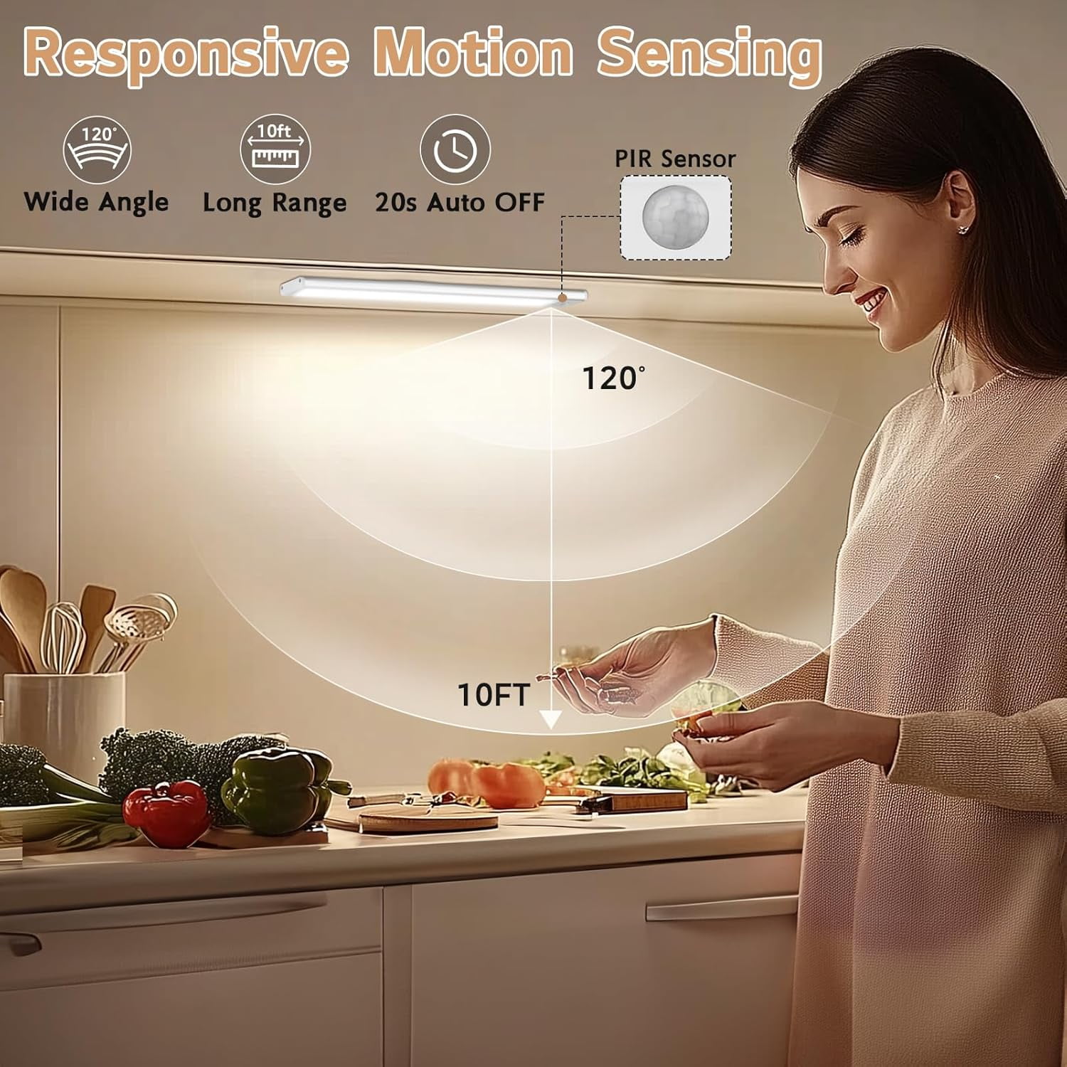 Under Cabinet Lighting Wireless, 4Pack Motion Sensor Light Indoor with 3 Color Temps, Dimmable Closet Lights Battery Operated, LED Magnetic Light, Rechargeable Counter for Kitchen Home