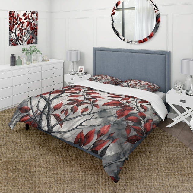 Designart "Arbre avec des Feuilles en Rouge et Gris VI" Ensemble de Literie Florale - Traditionnel Lit de Charme Rouge avec 2 Impostes