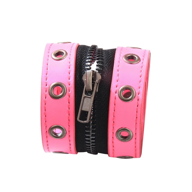 Pulsera de cuero PU Zulema punk con cremallera rosado