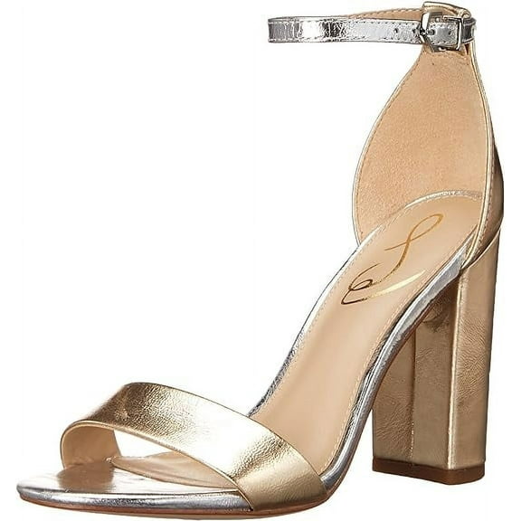 Sam Edelman Yaro Gold Leaf/Soft Silver Ankle Strap Block High Heel Wide Sandals (Gold Leaf/Soft Silver, 9.5)