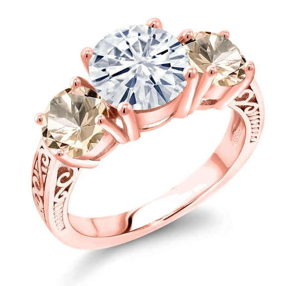 Gem Stone King 18K Rose Gold Plated Silver White Moissanite and Peach Morganite Engagement Ring for Women | 3.10 Cttw | Round 8MM | Gemstone Birthstone | Size 5