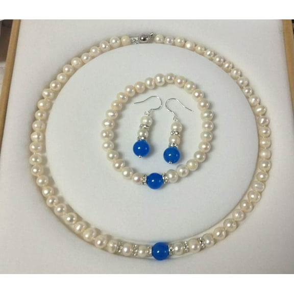 K-KED 7-8mm White Cultured Pearl Blue Jade Jasper Necklace Bracelet Earrings Set