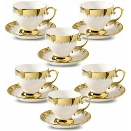 Tea Cups and Saucers Set of 6, 7 oz Ceramic Turkish Coffee Cup With Gold Trim for Cappuccino, Latte, Mocha, Au Lait, Double Espresso, White