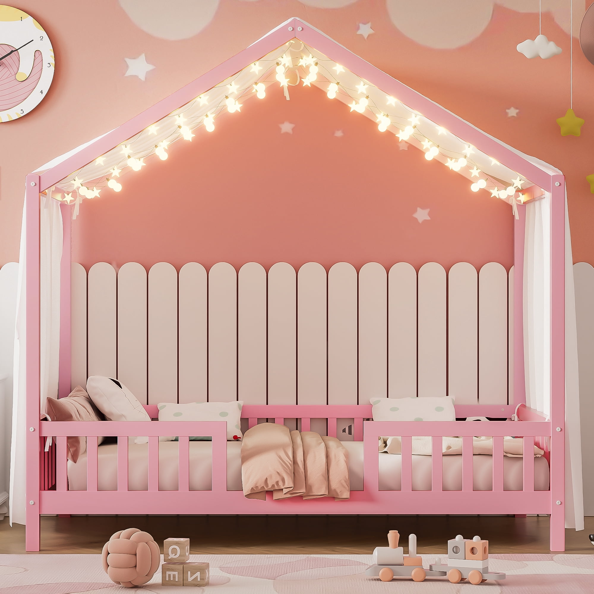 Yoneston Twin Montessori Floor Bed with Canopy & Roof, House Wooden Toddler Bed Frame with High Railings for Kids Children Girls Boys, Pink
