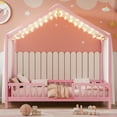 thumbnail image 3 of Harper & Bright Designs Montessori Floor Bed with Canopy and Roof, Twin Wood House Shape Bed Frame with Railings for Girls Boys Bedroom, Pink, 3 of 12