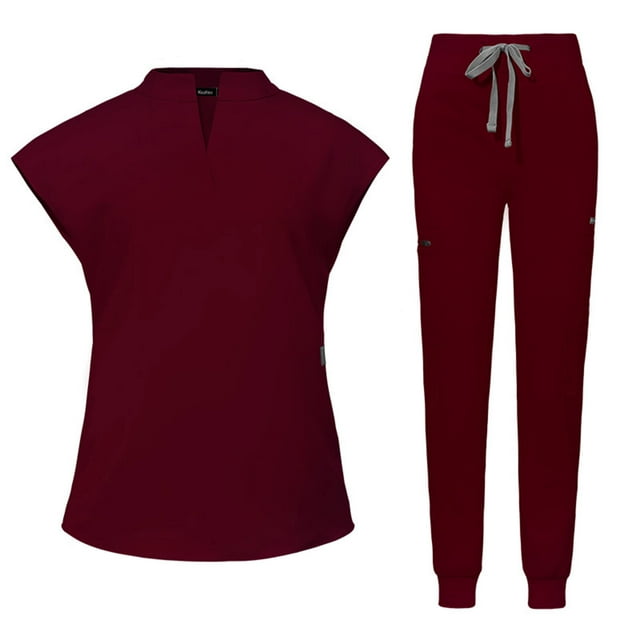Scrubs Set for Women Mock Neck Stretch Scrub Top and Drawstring Jogger Pants with Multi Pockets Anti Wrinkle Nursing Work Uniform Set Stand Collar Comfortable Uniform Burgundy
