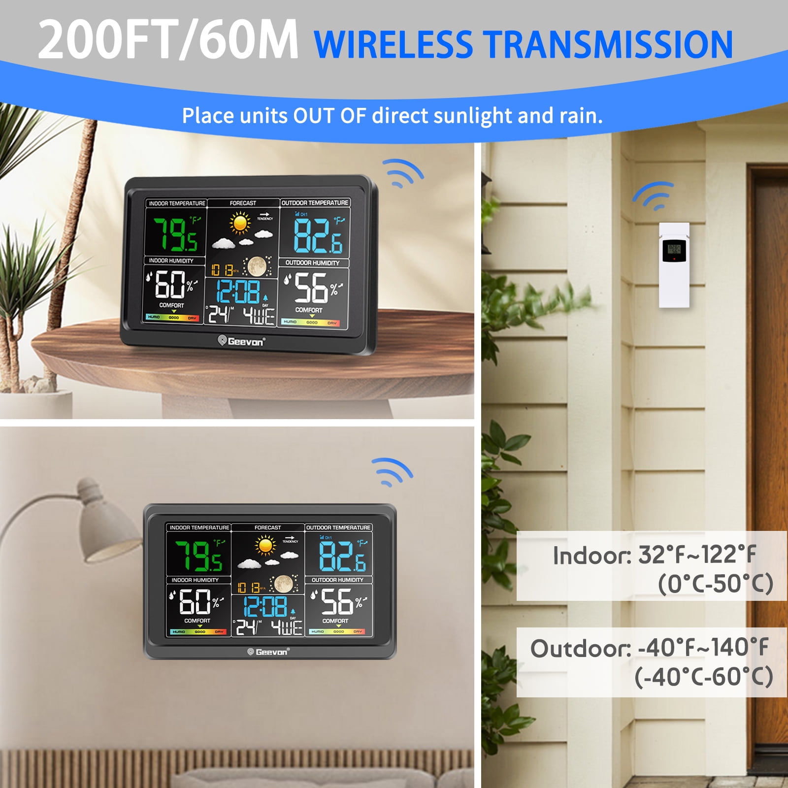 Geevon Weather Station Wireless Indoor Outdoor Thermometer, Color Display Digital Weather Thermometer with Alarm Clock, Barometric Pressure, Calendar, USB Charge, and Backlight(350°view angle)