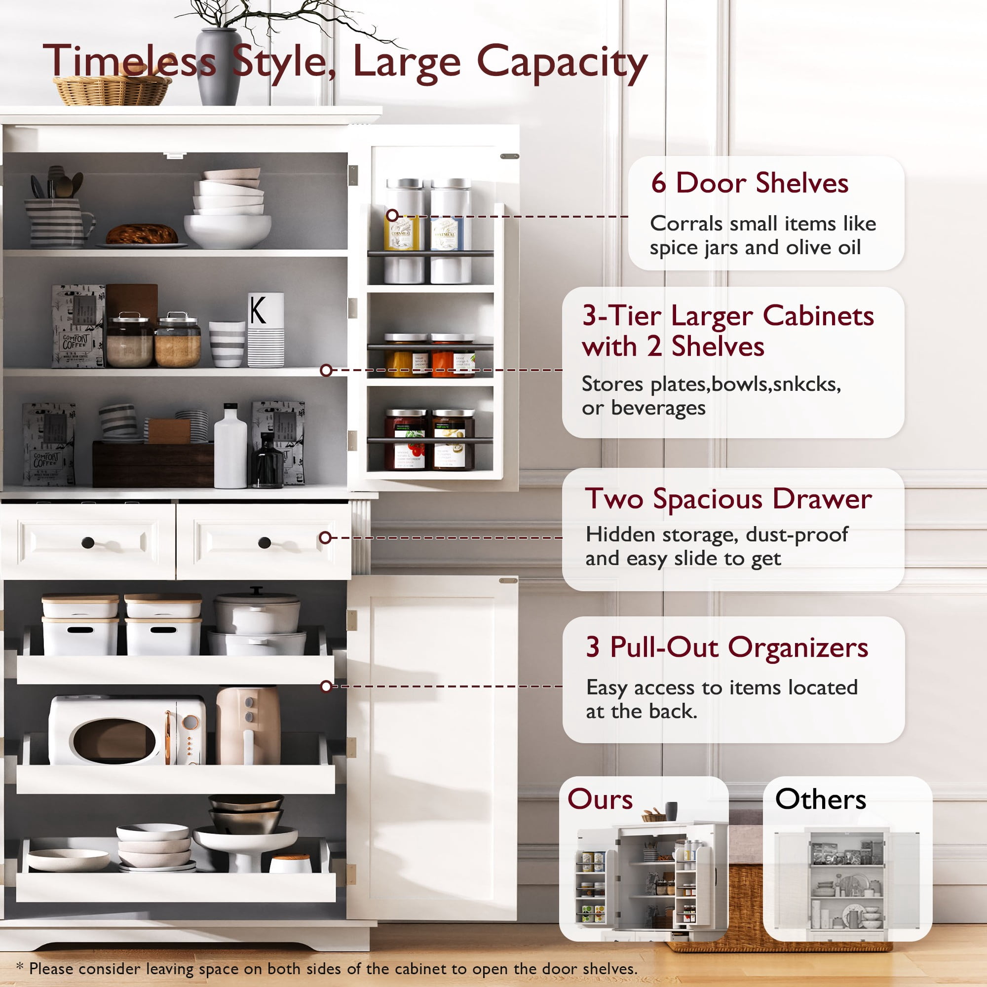 Euroco Woodgrain Kitchen Pantry Cabinet with Pull-Out Organizers, 6 Door Shelves, and Adjustable Storage – 71" Tall Freestanding Pantry with Vintage-Inspired Design