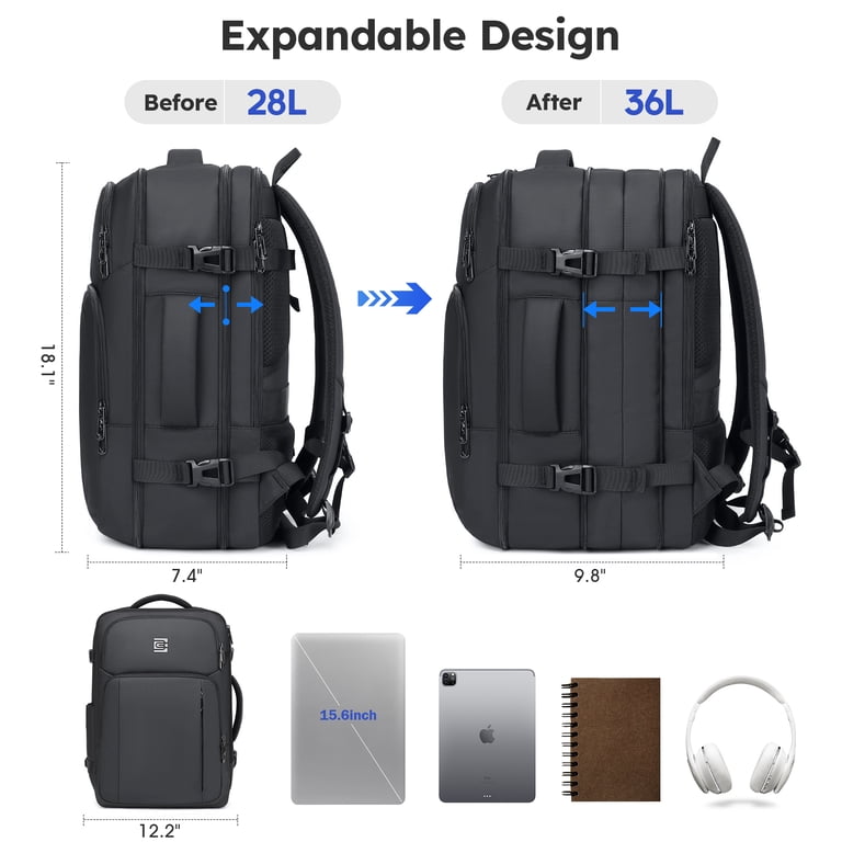 UKEIN 36L Expandable Travel Backpack, Black photo 3