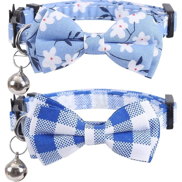 Set Cat Collar Detachable With Cute Bow Tie And Bell Plaid For Kitty Adjustable Safety
