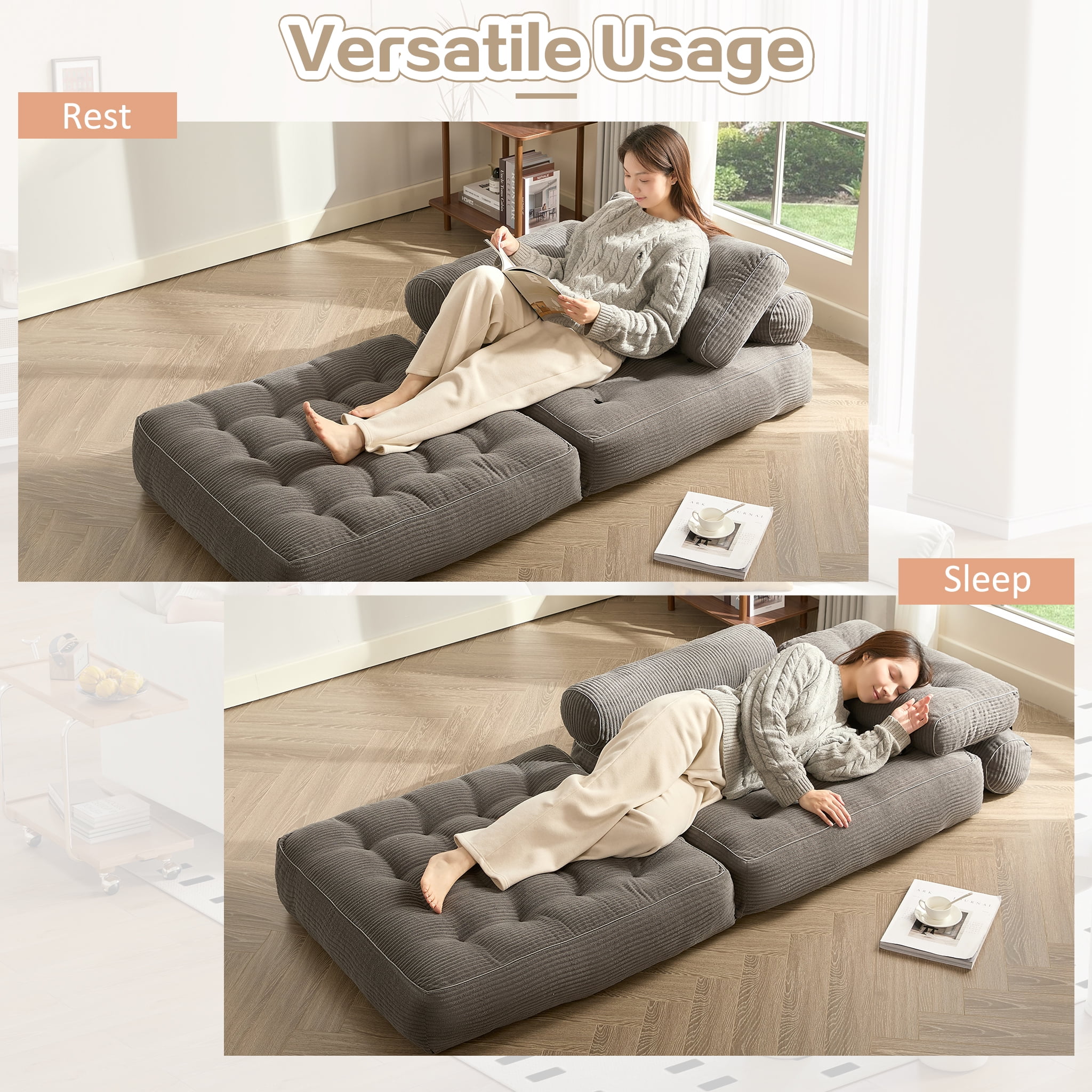 LAKPS Convertible Floor Sofa Bed Plus, Corduroy Modular Lounge Chair with Backrest & Pillow, Folding Tatami Sofa Sleeper for Living Room, Bedroom, Dorm, Gray