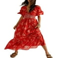 thumbnail image 1 of PENGXIANG Robe Bohème Florale pour Femmes Col en V Taille Froncée Longue Robe Fluide, 1 of 6
