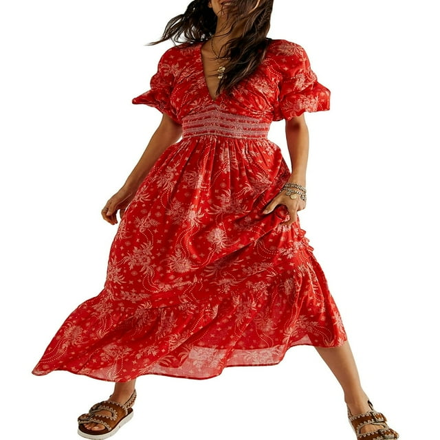 PENGXIANG Robe Bohème Florale pour Femmes Col en V Taille Froncée Longue Robe Fluide