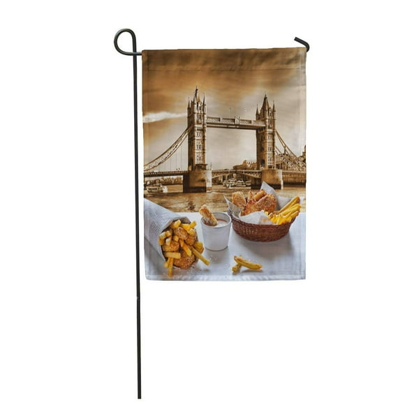 POGLIP British Fish and Chips Against Tower Bridge in London England Cuisine Garden Flag Decorative Flag House Banner 28x40 inch