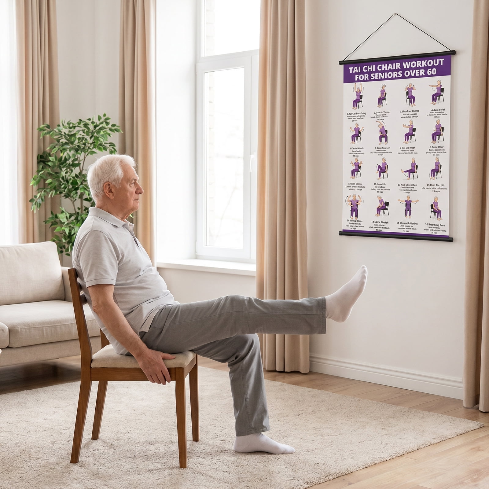 2pcs Tai Chi Chair Workout Chart Poster Portable Tai Chi Walking Workout Guide Poster Senior Home Exercise Chart Balance and Flexibility Training for Seniors Beginners Wall Decor