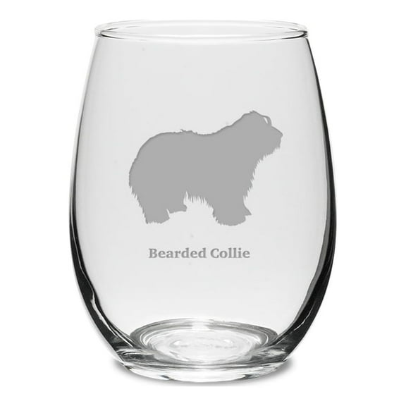 Bearded Collie Deep Etched 15 oz Stemless White Wine Glass