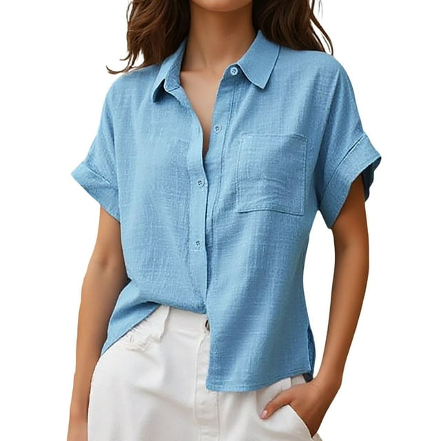 Summer New Ladies Loose Blouses And Lapel Rolled Short Sleeve Button Shirt Tee Shirt