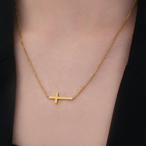 Tiny Sideway Cross Necklace Pendant 14K Yellow Gold Dainty Minimalist Cross Choker Necklace Jewelry