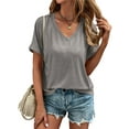 thumbnail image 3 of Liher Short Sleeve T Shirts for Women V Neck Basic Tops Loose Fit Tunic Top Casual Roll Sleeve Summer Tee Shirts Light Gray M, 3 of 6