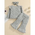 thumbnail image 3 of Gureui 3Pcs Toddler Girls Ribbed Outfit Clothes Flower Print Long Sleeve Pullover + Long Flared Pants + Headband 1-5Y, 3 of 7