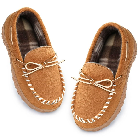 HOMEHOT Boys Slippers Comfy Memory Foam House Shoes Slip on Moccasin Slippers for Toddler Little Big Kids Beige Big Kid 2